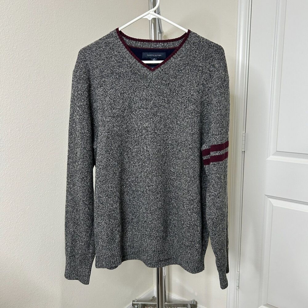 Tommy Hilfiger Sweater Mens L Grey Lambswool V-Neck Stripe Dark Academia Knit